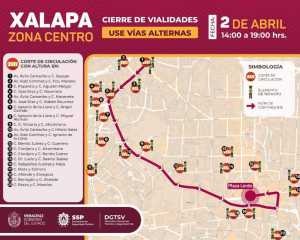 Ruta y cortes a la vitalidad en la ciudad de Xalapa por la marcha para promover la consulta del 10 de abril próximo por la revocación de mandato..